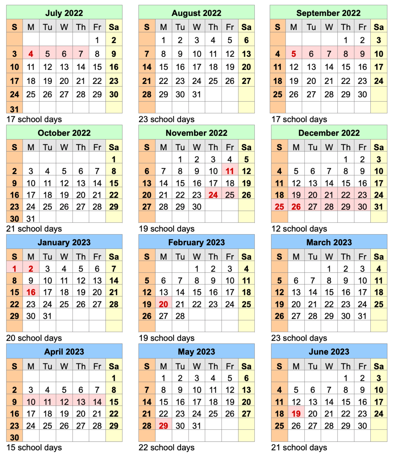 OASIS calendar for the 2021-2022 school year
