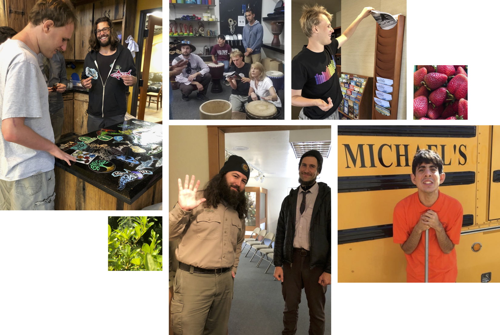 A collage of students and instructional aides in the community, including students delivering magazines, talking with a park ranger, and visiting a drum shop